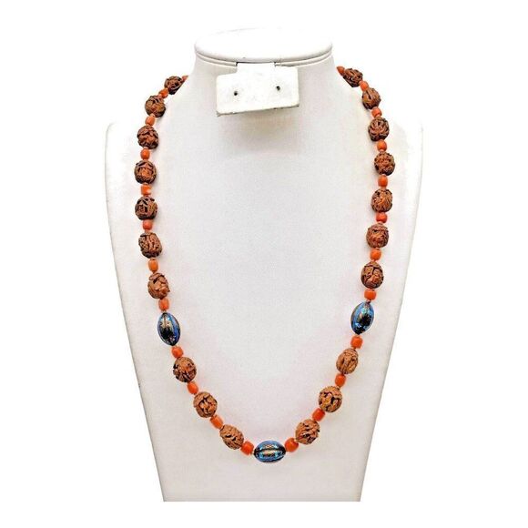 Antique Story Teller Necklace Carved Nut Pit Beads Coral Spacer Beads Rare HTF
